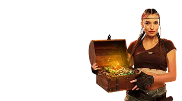 A treasure hunter character holding a chest full of gold and jewels represents the welcome bonus at Eldorado Online Casino. New players receive rewards for registration and their first deposit.