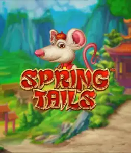 A whimsical illustration of a mouse dressed in traditional Chinese attire standing in a picturesque landscape with mountains. The image promotes the Spring Tails Slot by Betsoft, highlighted with striking red and gold logo text.