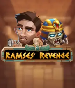 Explore the thrilling world of the Ramses' Revenge game by Relax Gaming, featuring a startled explorer and a terrifying mummy against an Egyptian tomb backdrop. This graphic depicts the adventure of ancient Egyptian myths, perfect for those interested in historical adventures, providing a thrilling escape. 